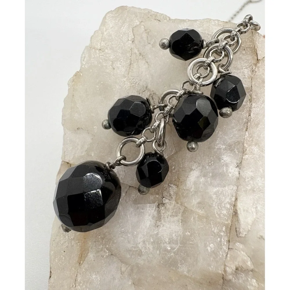 Sterling Silver Y-Drop‎ Necklace Faceted Black Beads Arezzo Italy 925 9.75g